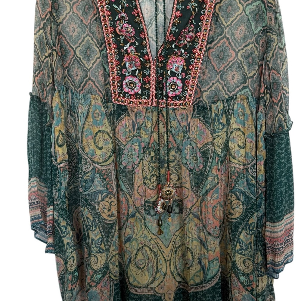 Soft Surroundings Women’s Sz S Emerald Shira Peasant Top Sheer Embroidered - Picture 4 of 10